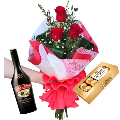 Ramo de 3 rosas importadas con chocolates y baileys 